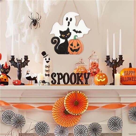 Halloween Decoration Wooden Ghost Door Halloween Wreaths for Front Door Sign - Picture 2 of 8